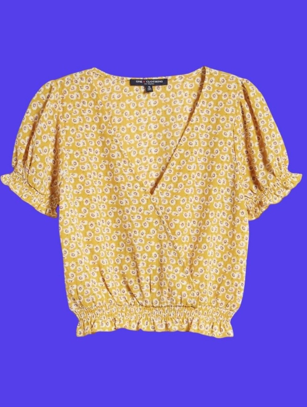 Nordstrom One Clothing Ditsy Floral Faux Wrap Puff Sleeve Crop Top - Mustard - M